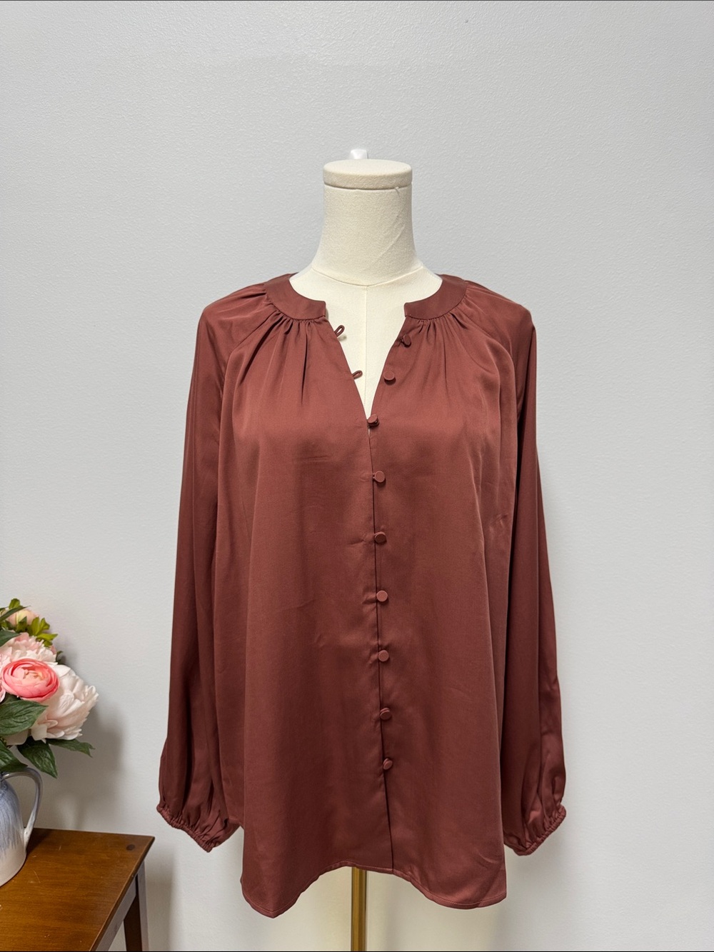 Darling Oversized Long-Sleeve Button Blouse in Rust Brown